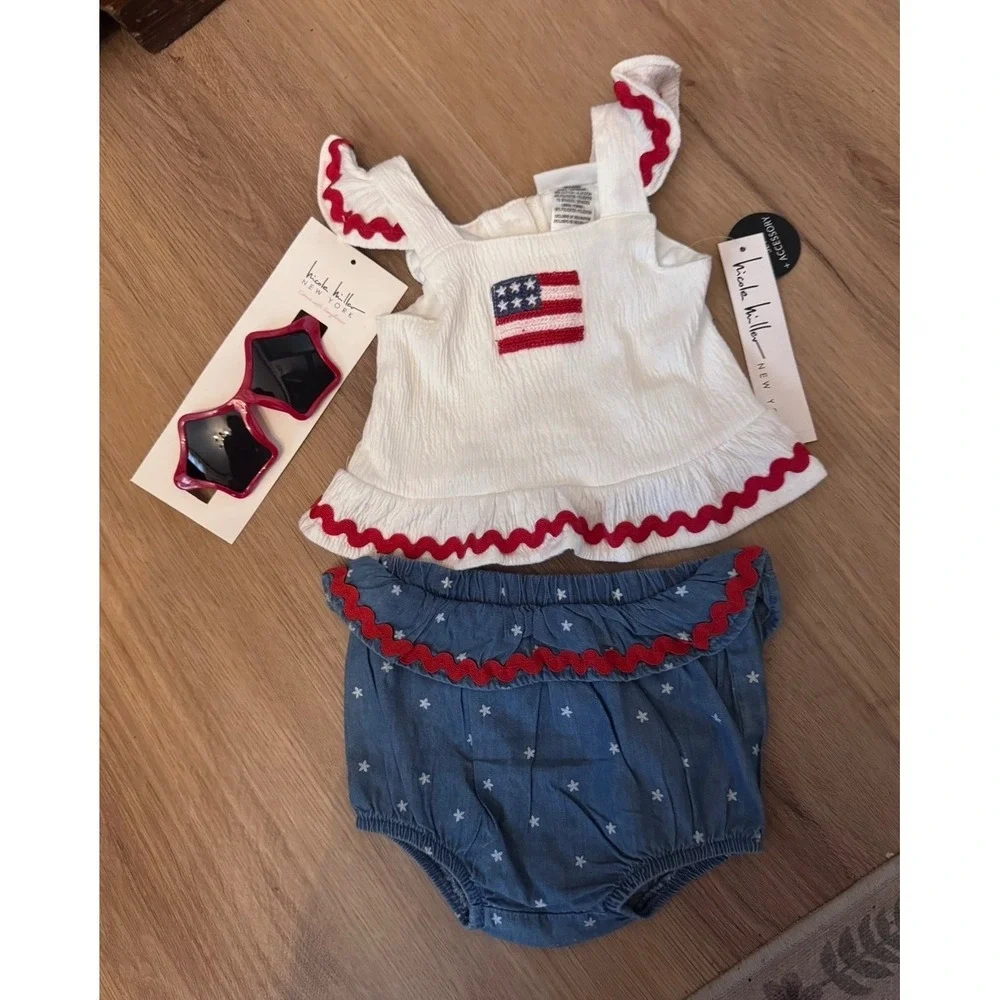 Nicole Miller New York Baby Girls American Flag Top Bloomers Sunglasses Set 3/6M
